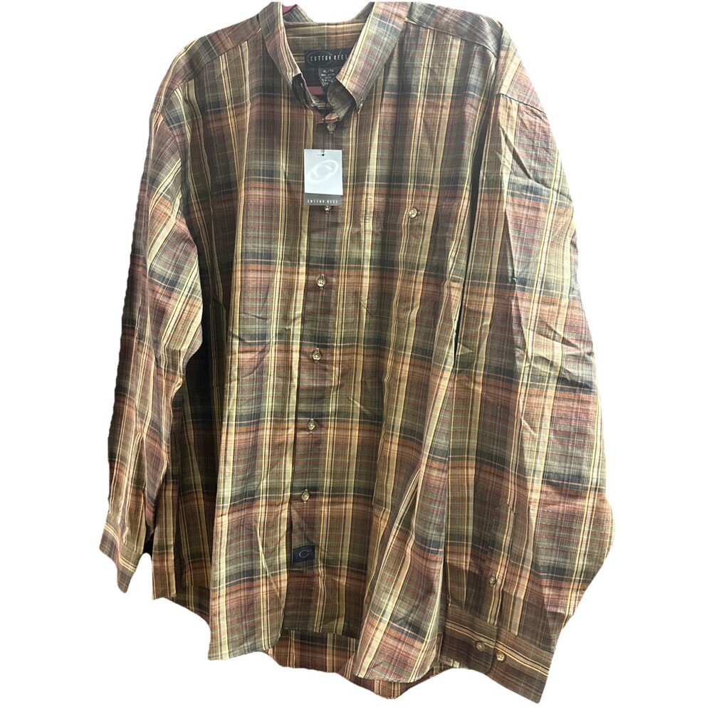 NWT Cotton Reel Shirt Button Down Brown Plad XL